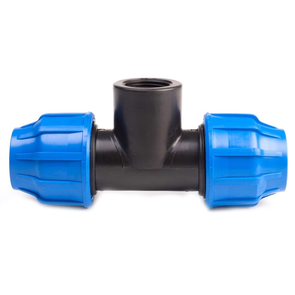 Teu compresiune PEHD, 40mm, filet interior, 1/4", polipropilena, negru-albastru
