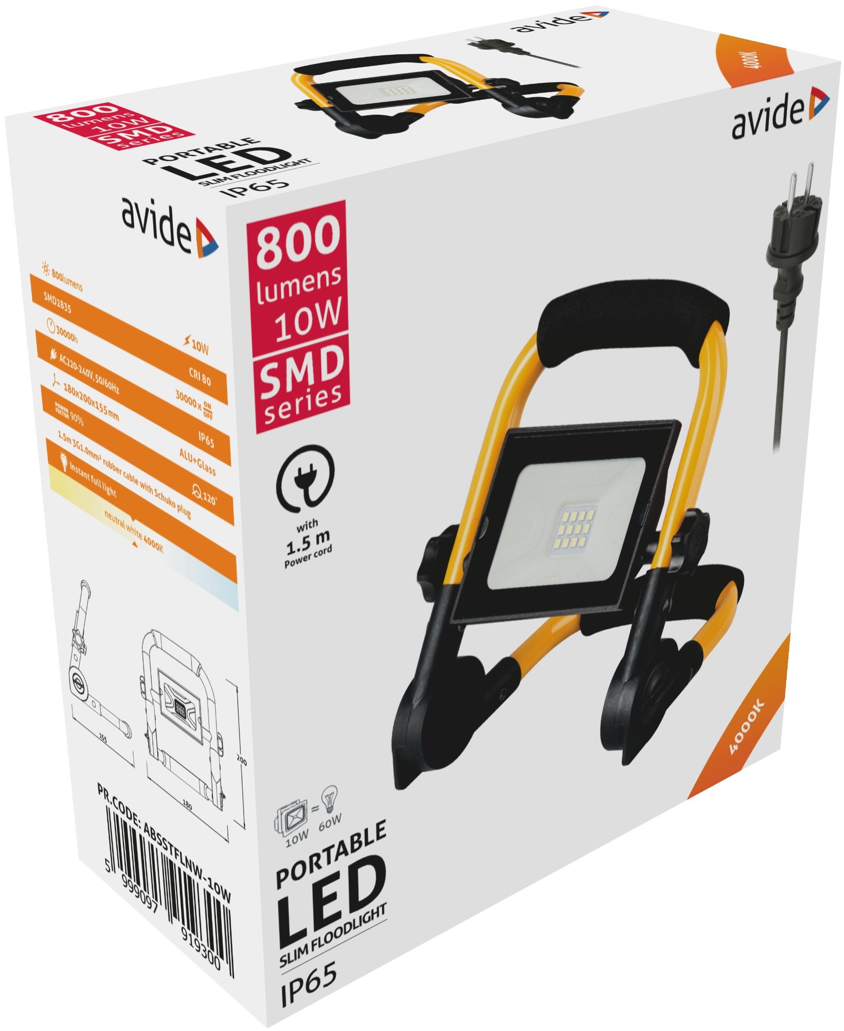 Proiecctor LED SMD portabil Avide, 10W, 800lm, 4000K, IP65, negru-galben