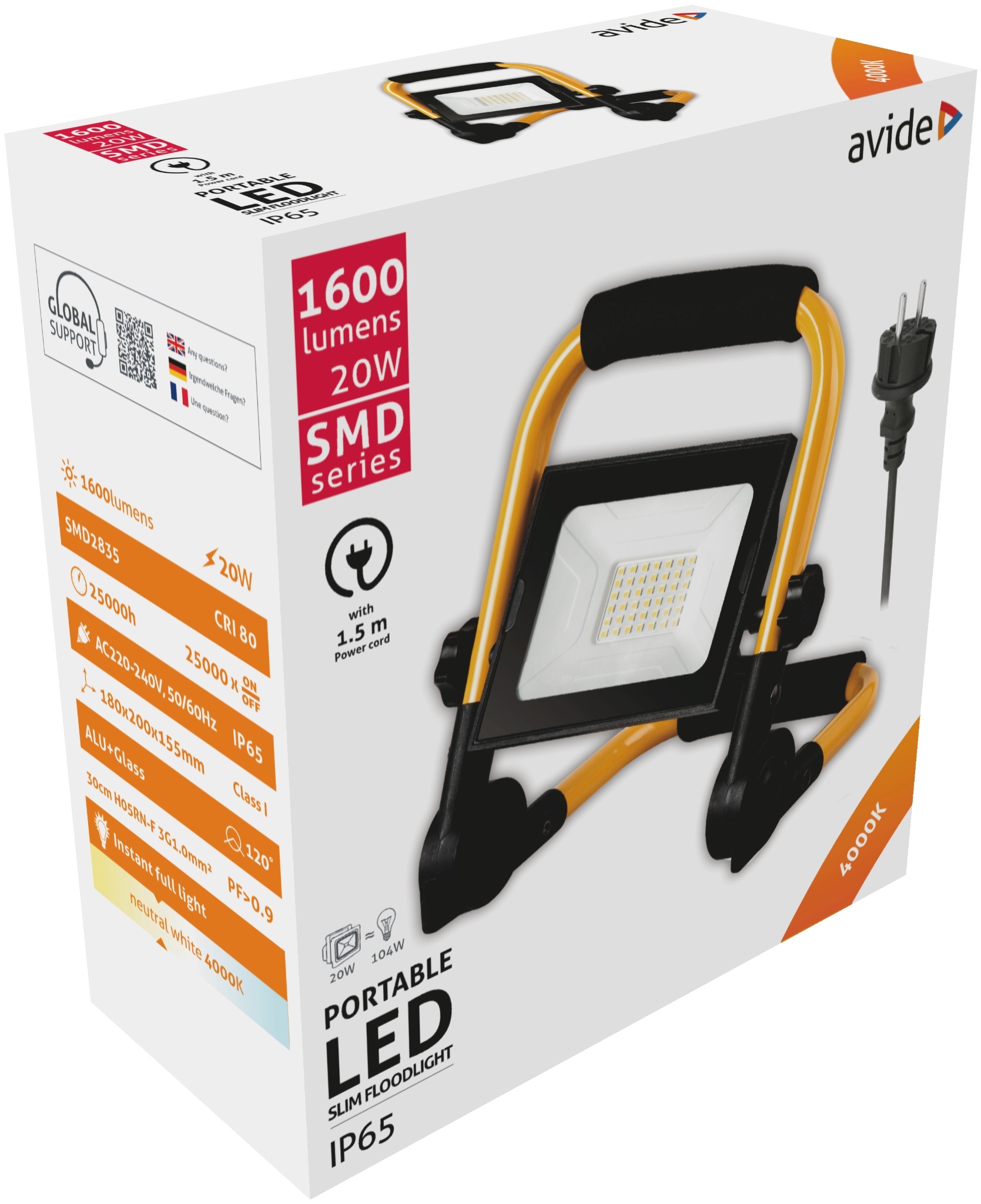 Proiecctor LED SMD portabil Avide, 20W, 1600lm, 40000K, IP65, negru-galben