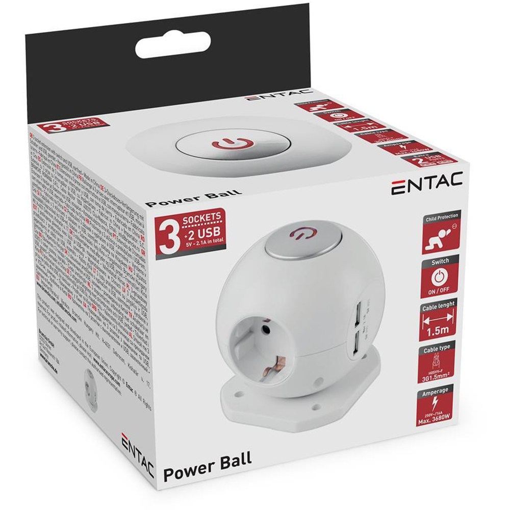 Prelungitor ENTAC ESC1.5G3-USB-GLOBE, 3680W, 1.5m, alb