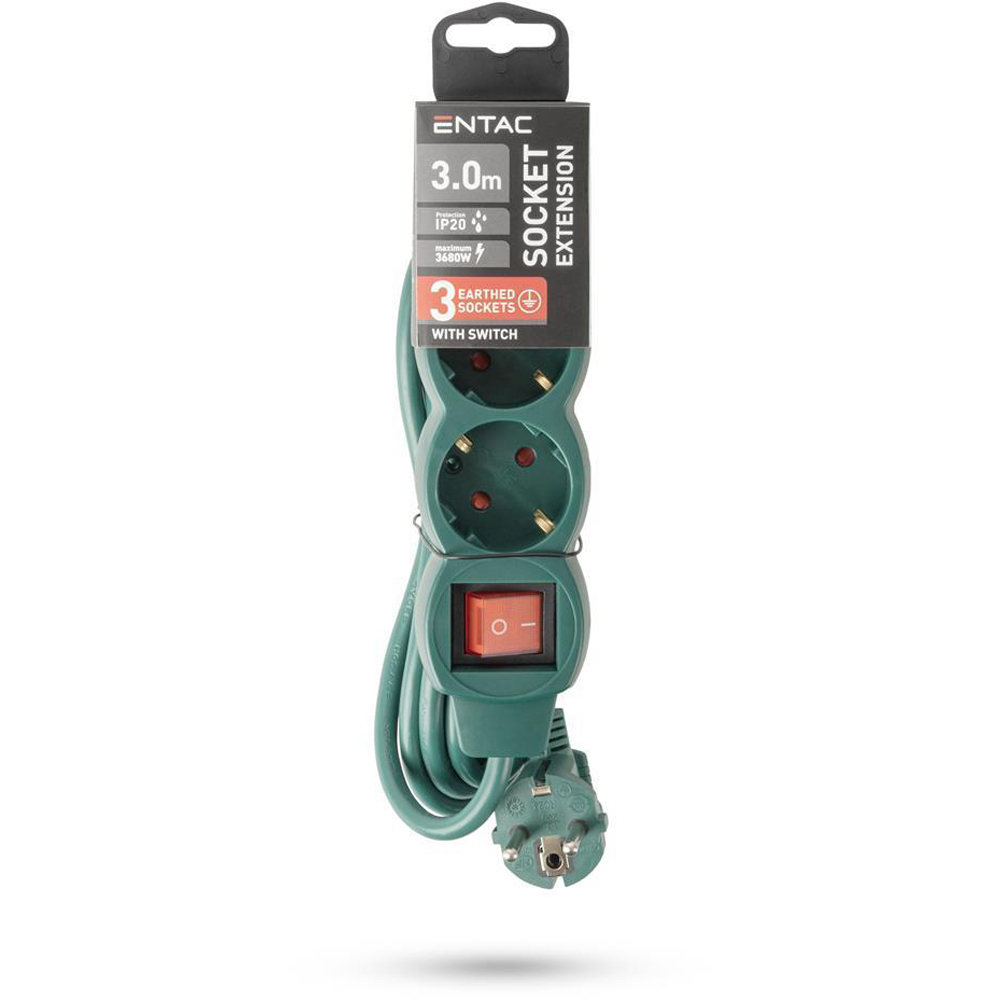Prelungitor ENTAC ESE1.5G3-3-SW-G, 3 prize Shucko, 3m, intrerupator, verde
