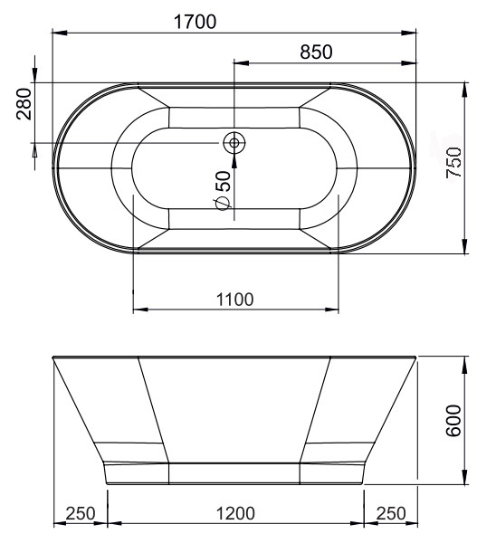 Cada baie freestanding FIBREX Oslo, acril, 170 x 75 cm, alb