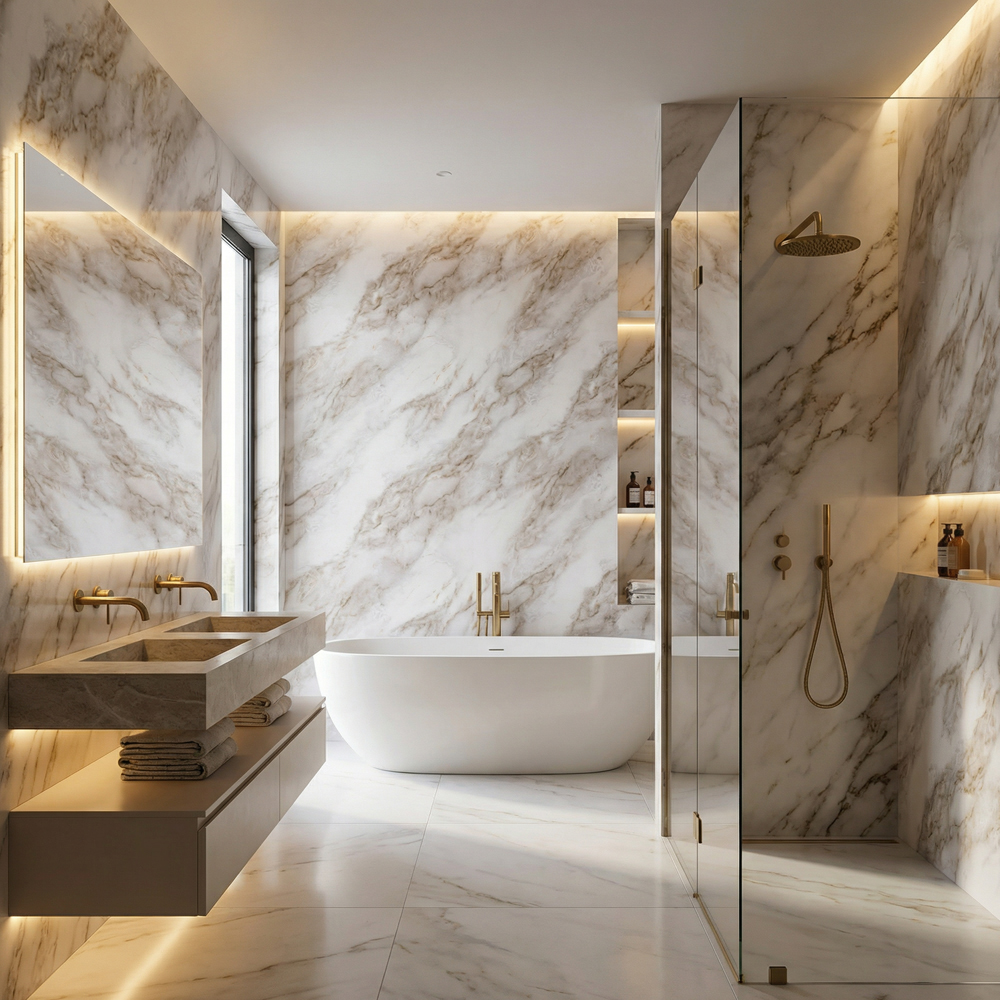 Panou decorativ Wall Glossy Sand Marble, SPC, 122 x 280 cm, bej