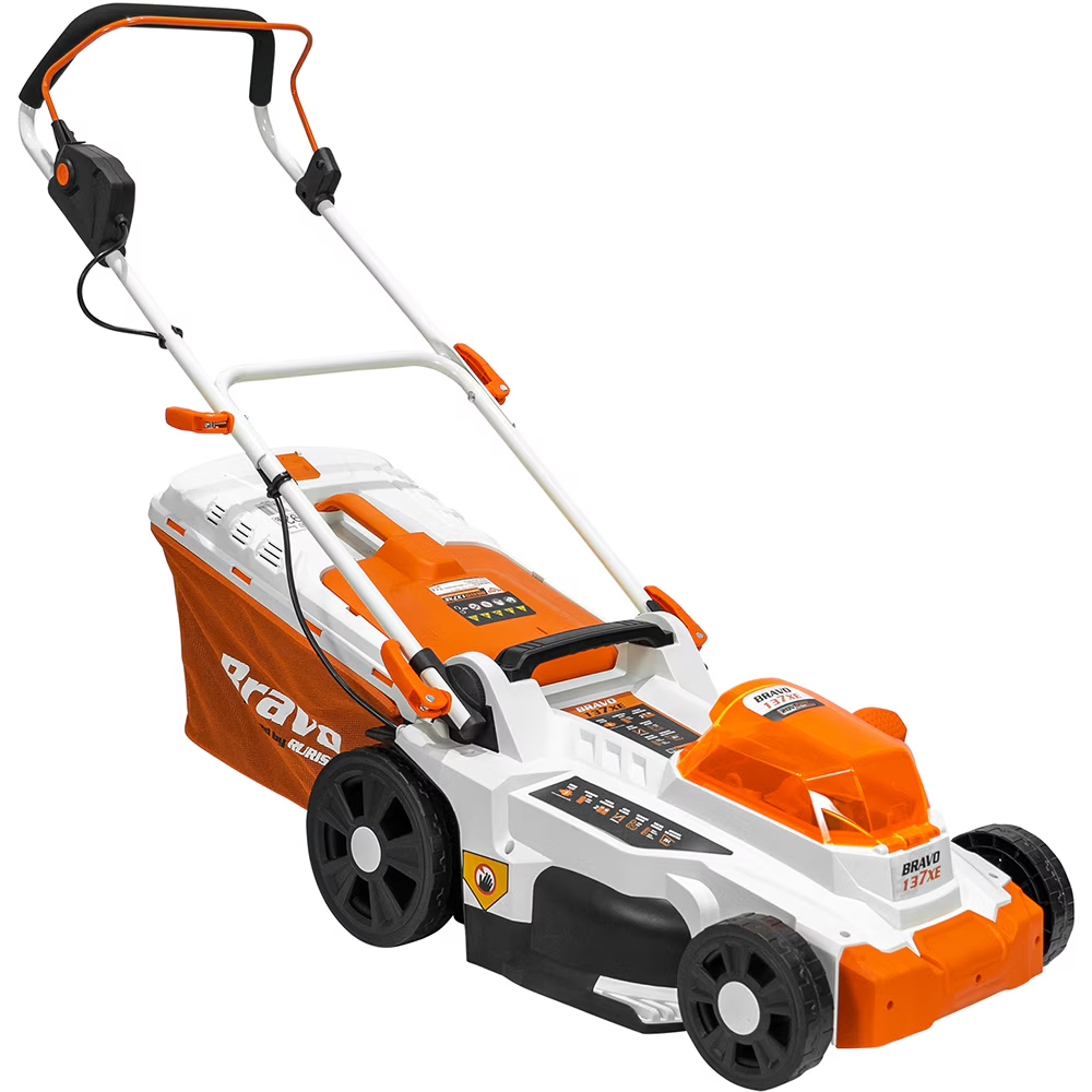 Masina de tuns iarba pe acumulator RURIS Bravo 137XE, Electrica, 4Ah, 20V, latime taiere 37 cm, cos 35L, portocaliu