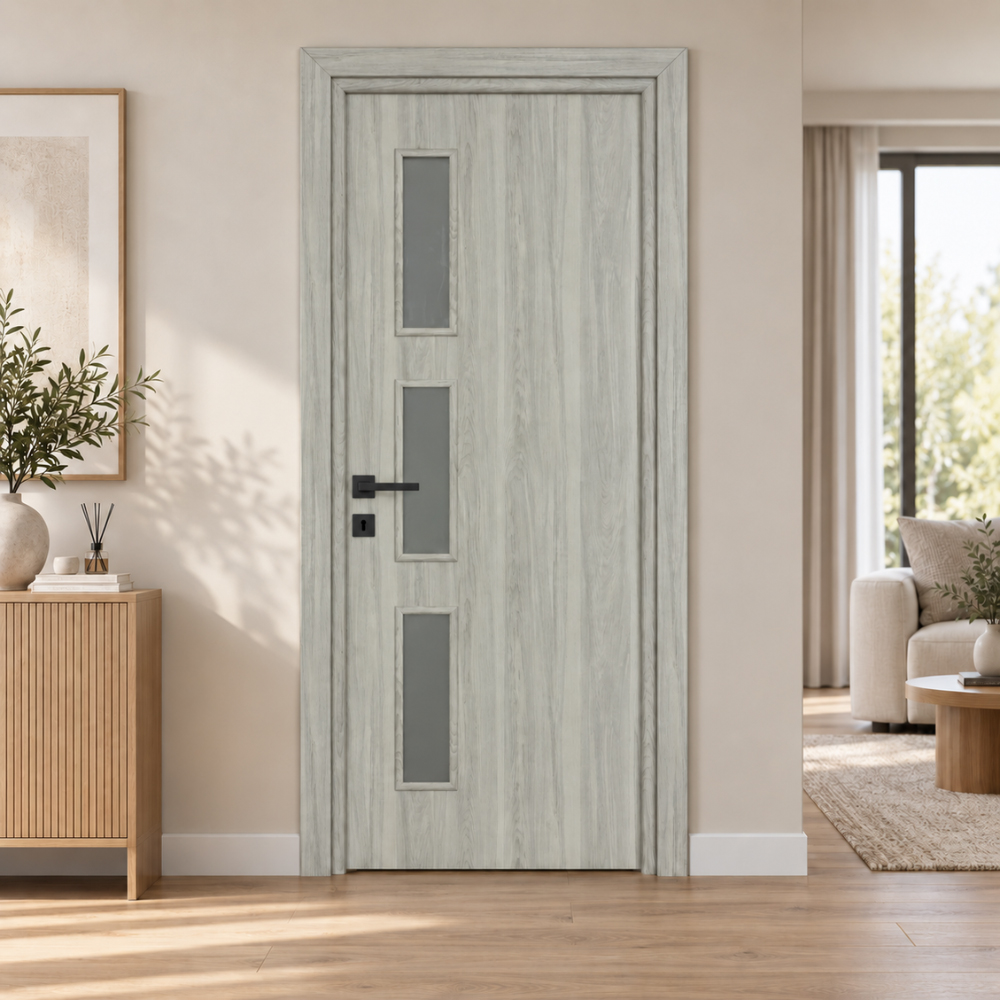 Usa interior Karpat Solo, cu geam, reversibila, MDF, 68 x 203 cm, gri deschis
