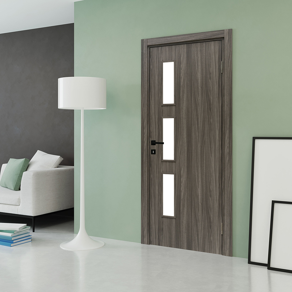 Usa interior Karpat Solo, cu geam, reversibila, MDF, 88 x 203 cm, gri stejar