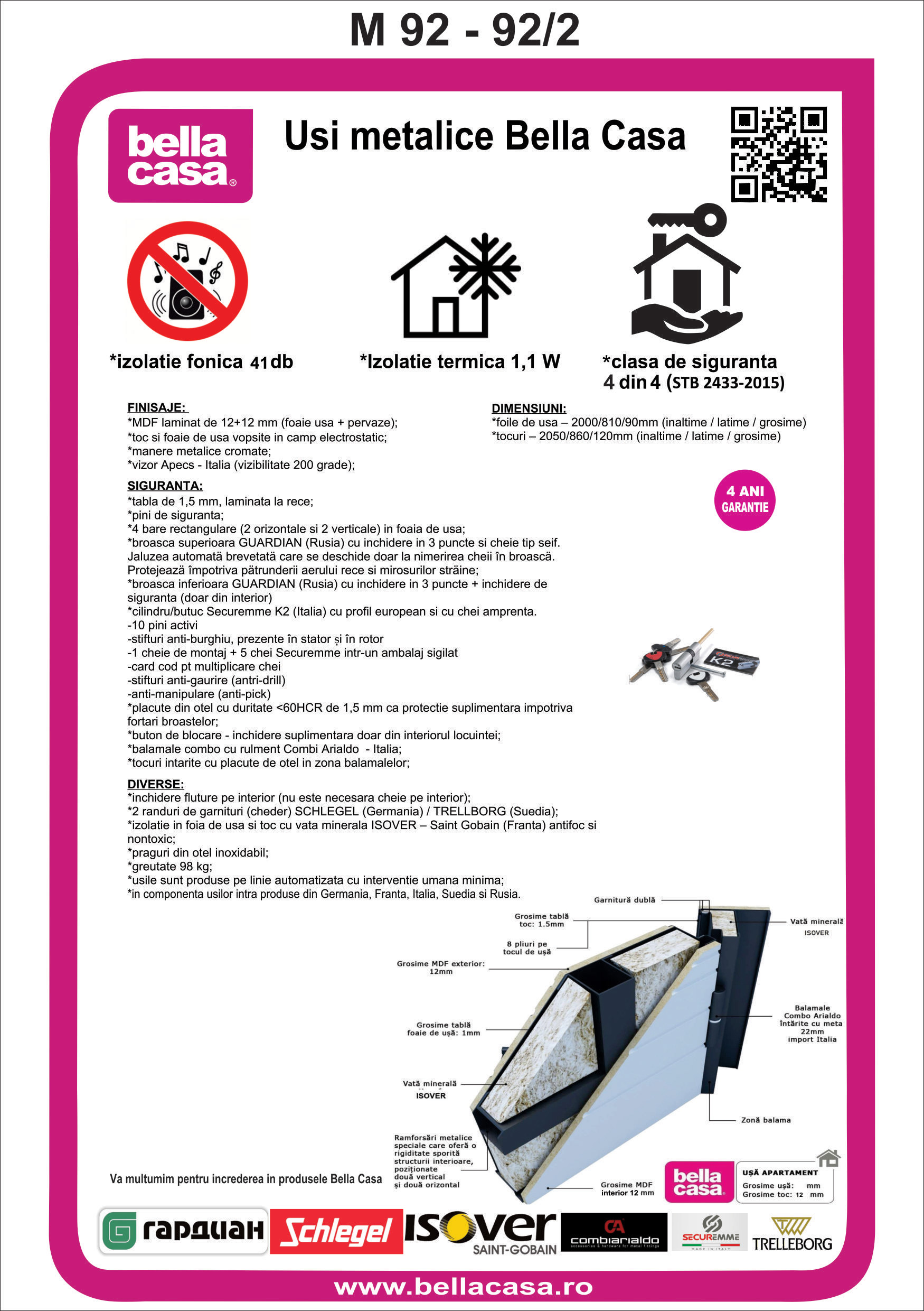 Usa de intrare pentru apartament BELLA CASA M92, fara geam, stanga, metal, 86 x 205 cm, wenge