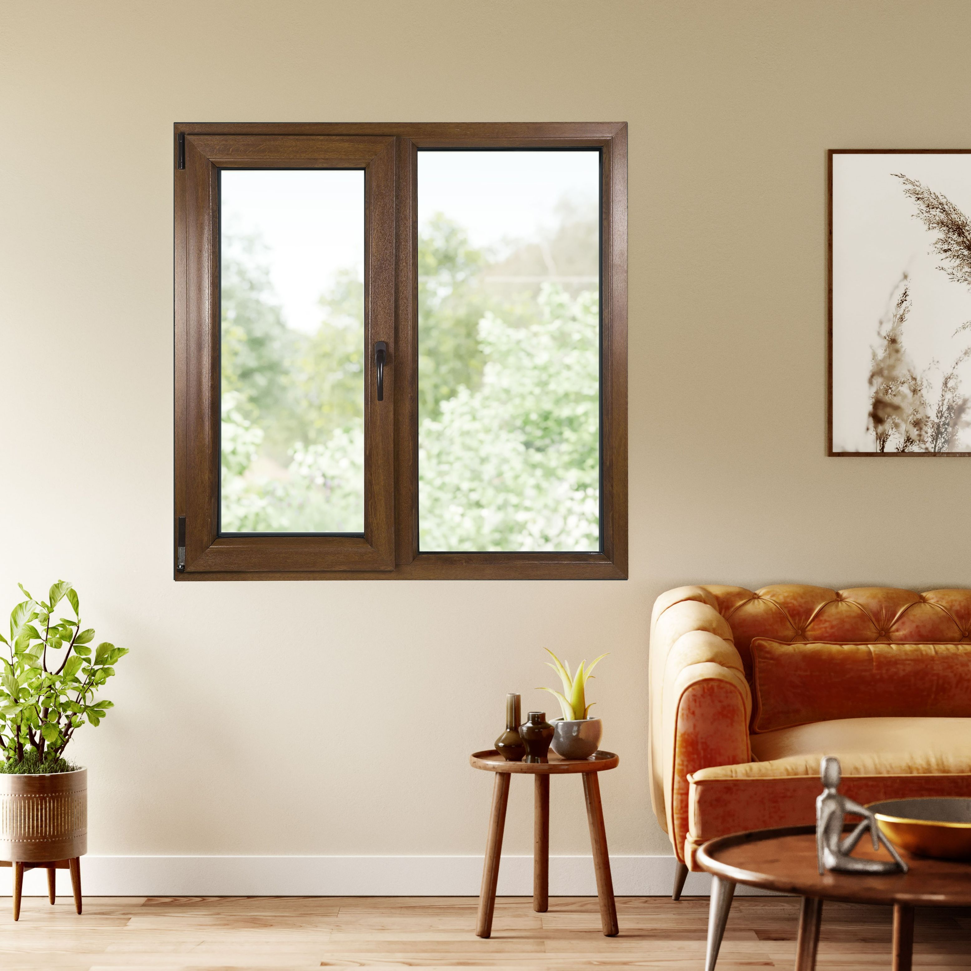 Fereastra termopan APLAST, PVC, 6 camere, 116 x 116 cm, deschidere oscilobatanta stanga, maro inchis