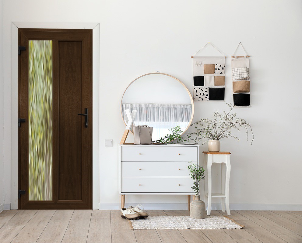 Usa exterior APLAST, cu geam, stanga, PVC, 88 x 203 cm, maro inchis