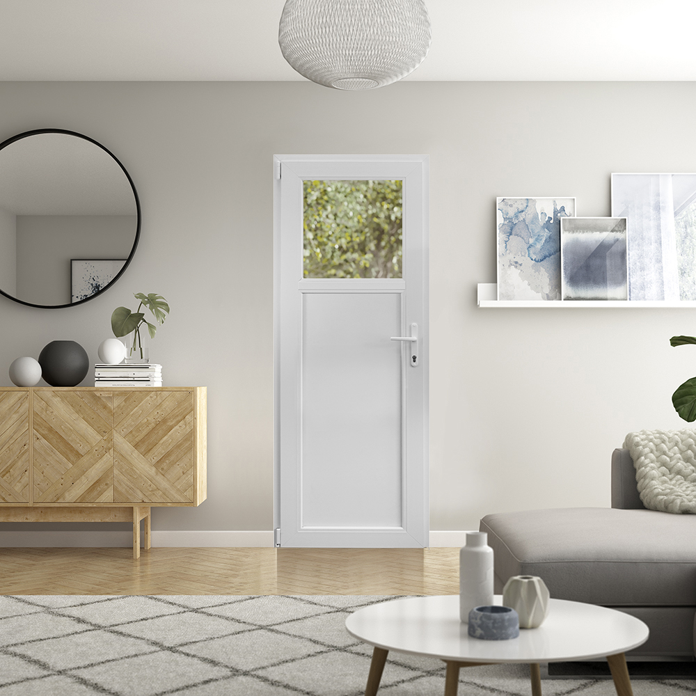 Usa exterior APLAST, cu geam, dreapta, PVC, 88 x 205 cm, alb