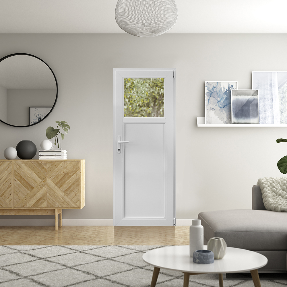 Usa exterior APLAST, cu geam, stanga, PVC, 88 x 205 cm, alb