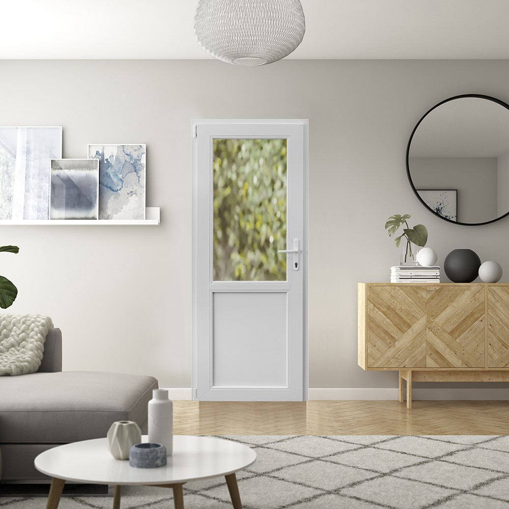 Usa exterior APLAST, cu geam, dreapta, PVC, 88 x 205 cm, alb