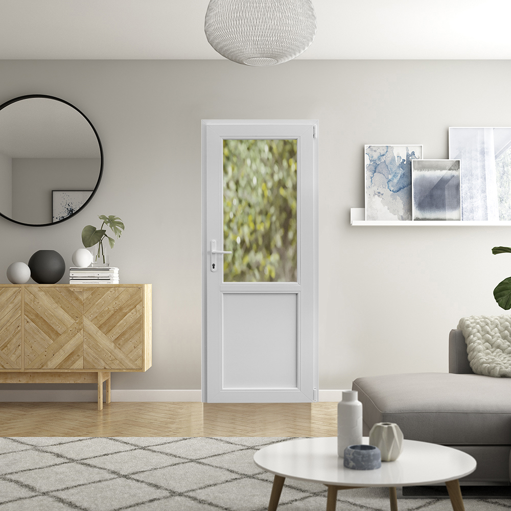 Usa exterior APLAST, cu geam, stanga, PVC, 88 x 205 cm, alb