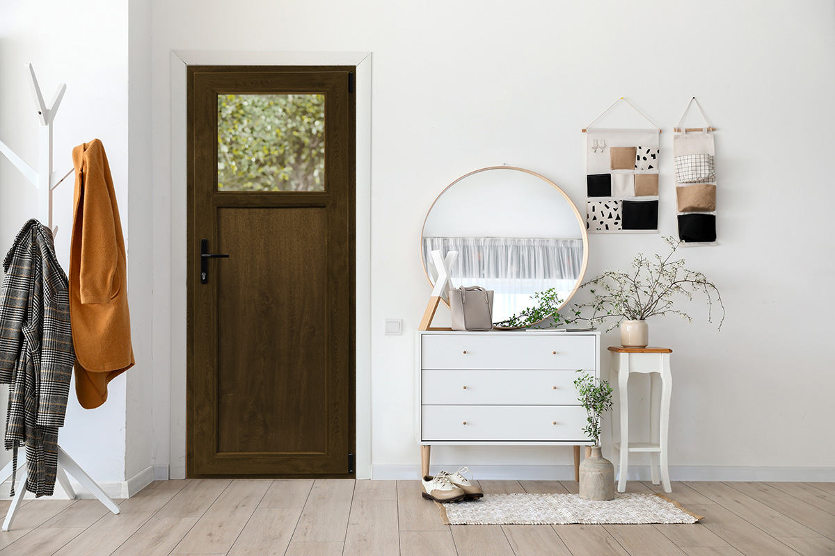 Usa exterior APLAST, cu geam, stanga, PVC, 88 x 205 cm, maro inchis