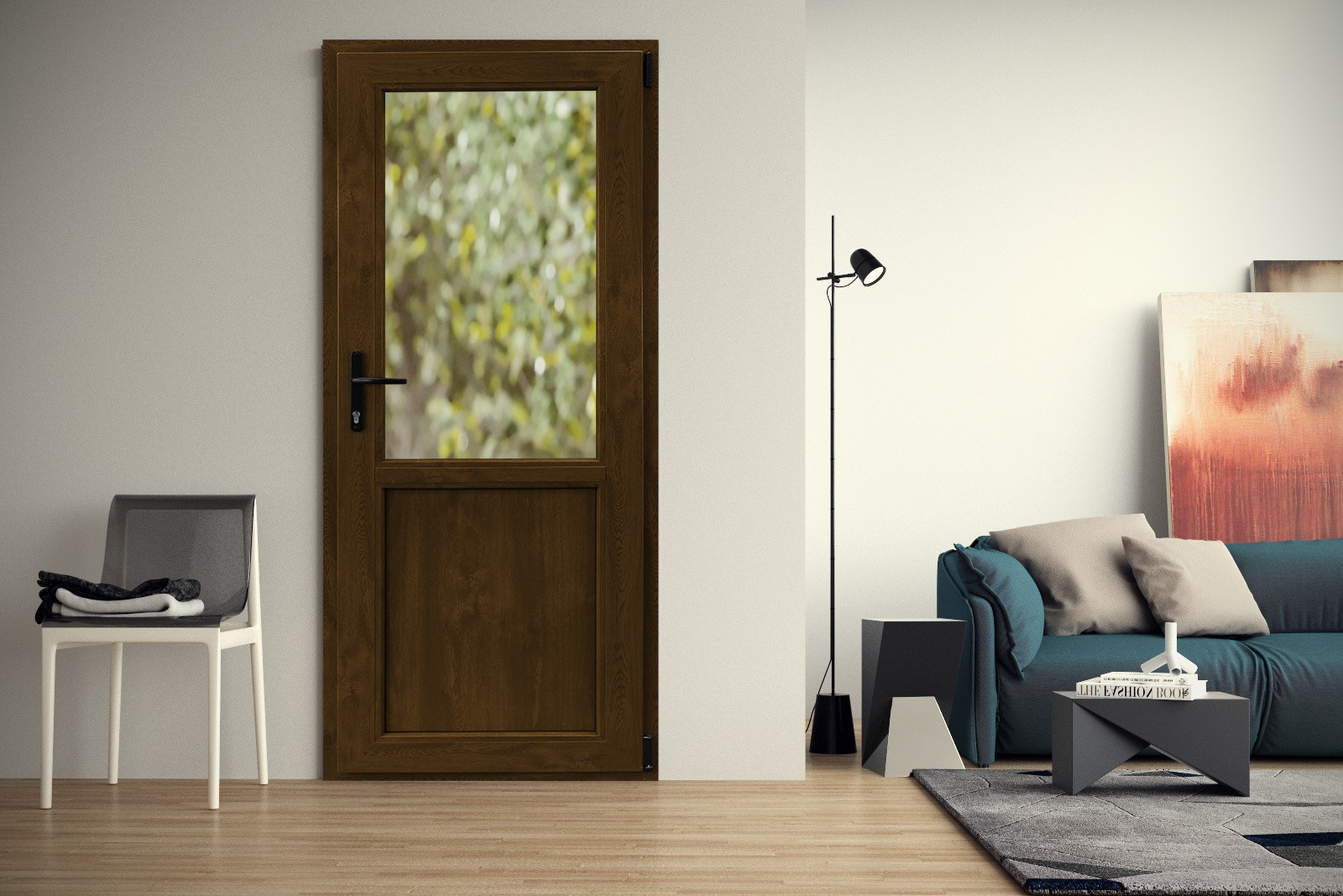 Usa exterior APLAST, cu geam, stanga, PVC, 88 x 205 cm, maro inchis
