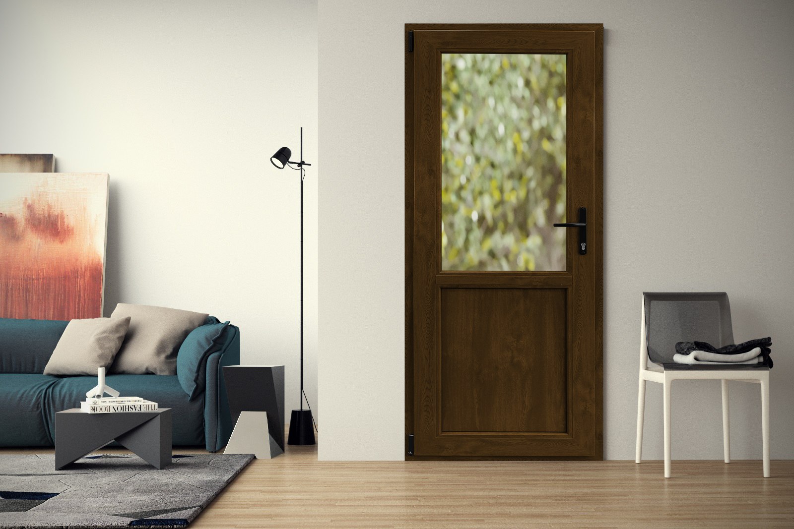 Usa exterior APLAST, cu geam, dreapta, PVC, 88 x 205 cm, maro inchis