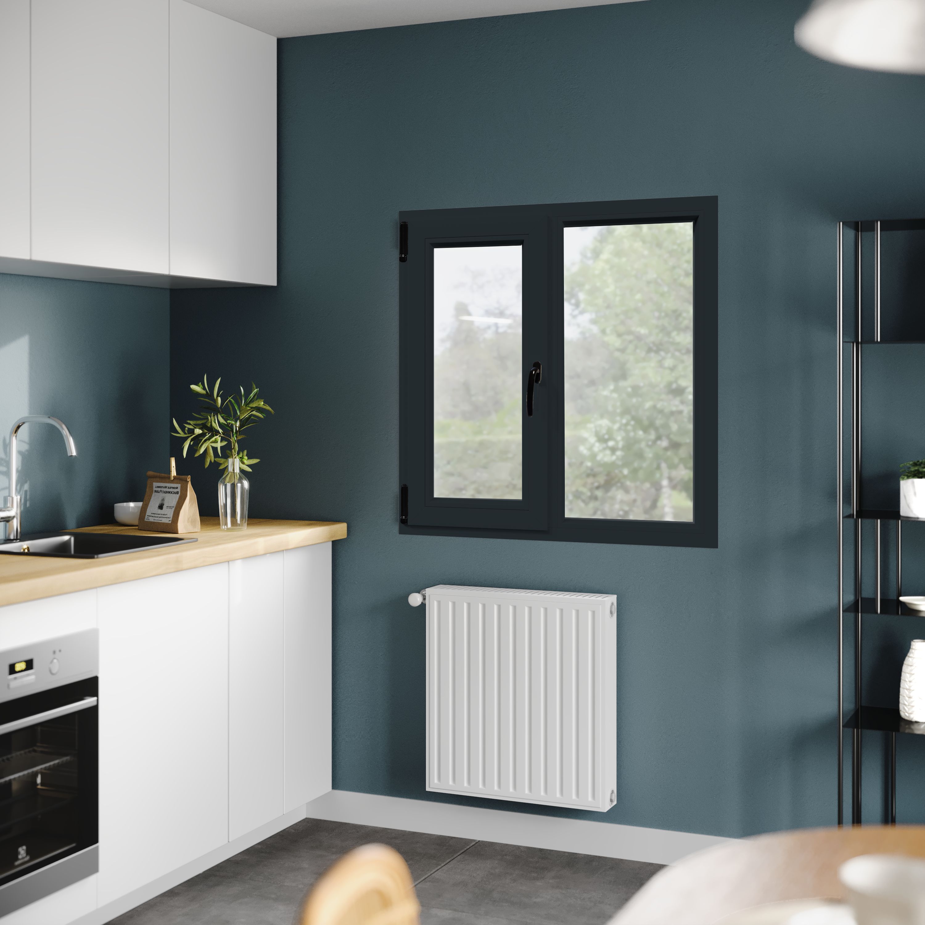 Fereastra termopan APLAST, PVC, 6 camere, 116 x 116 cm, deschidere oscilobatanta stanga, gri antracit