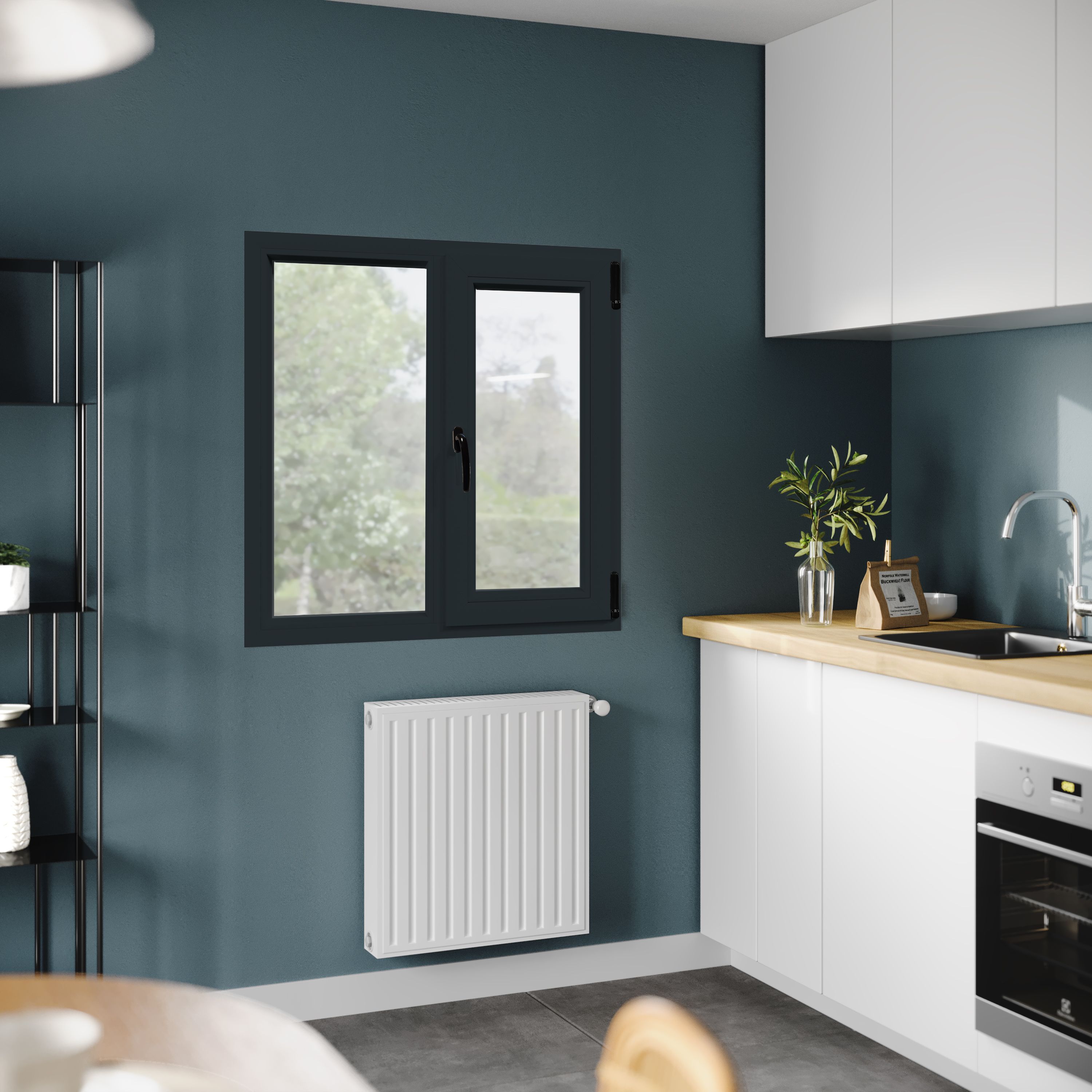 Fereastra termopan APLAST, PVC, 6 camere, 100 x 100 cm, deschidere oscilobatanta stanga, gri antracit