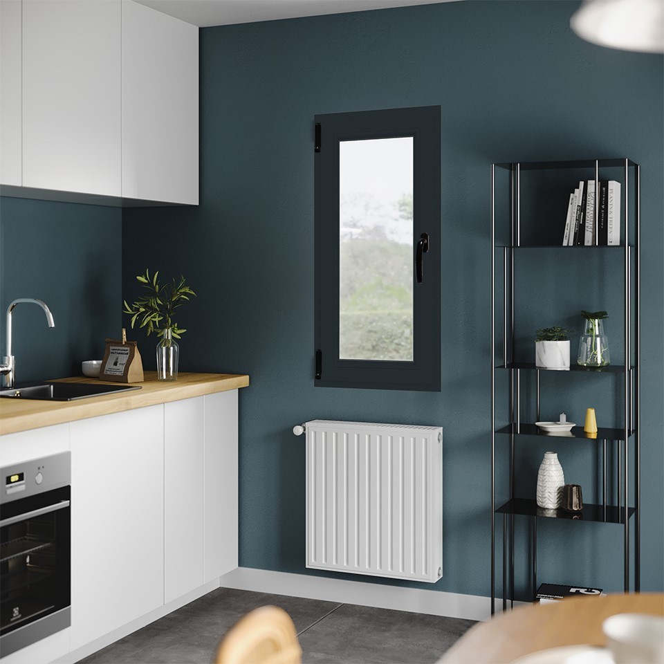 Fereastra termopan APLAST, PVC, 6 camere, 56 x 116 cm, deschidere oscilobatanta stanga, gri antracit