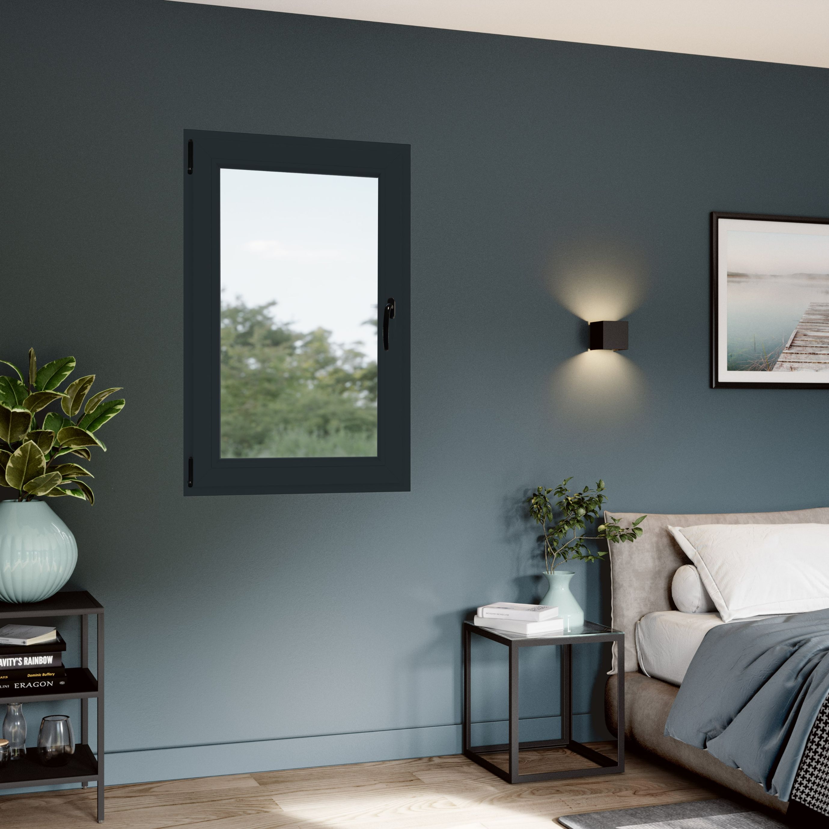 Fereastra termopan APLAST, PVC, 6 camere, 86 x 116 cm, deschidere oscilobatanta stanga, gri antracit