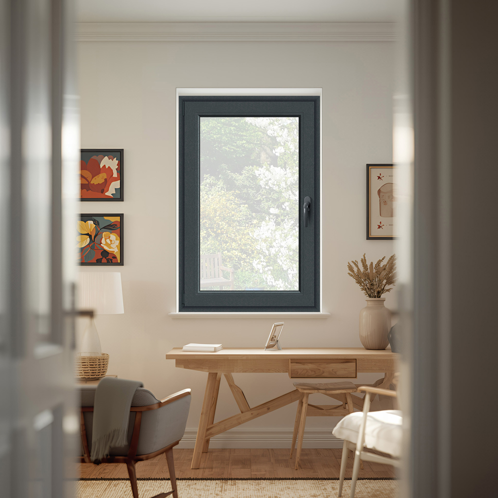 Fereastra termopan APLAST, PVC, 5 camere, 86 x 116 cm, deschidere oscilobatanta stanga, gri antracit