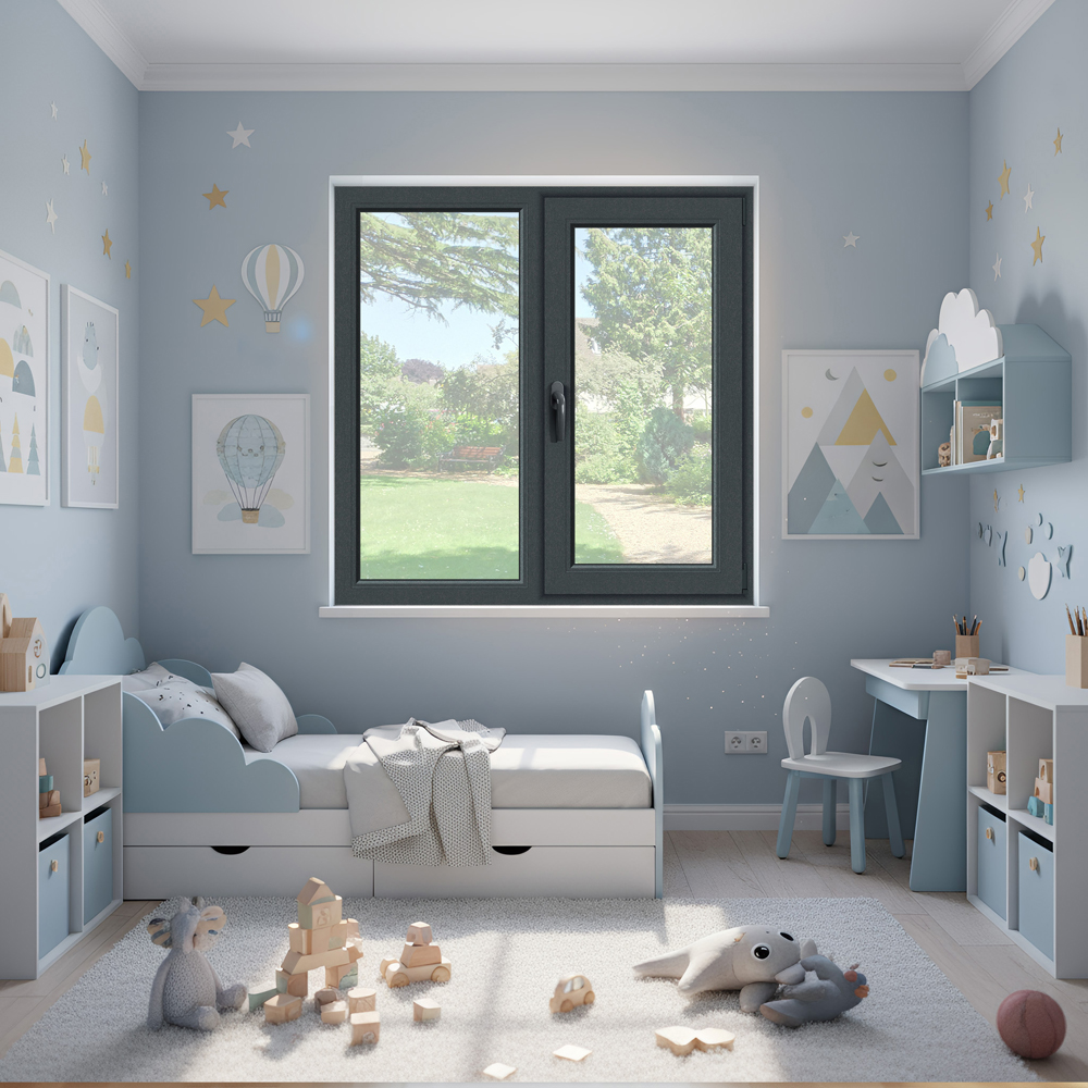 Fereastra termopan APLAST, PVC, 5 camere, 116 x 116 cm, deschidere fixa + batanta dreapta, gri antracit
