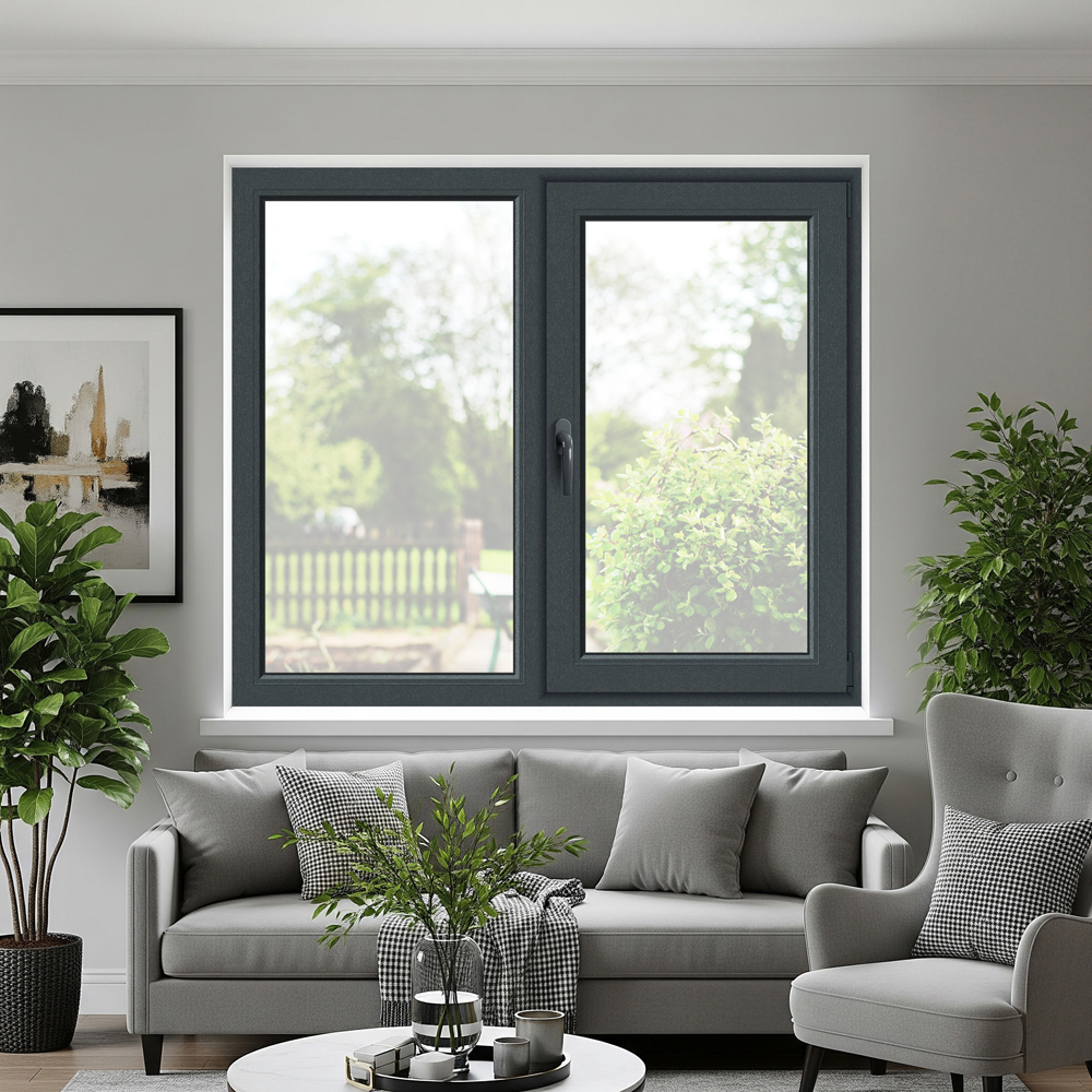 Fereastra termopan APLAST, PVC, 5 camere, 146 x 116 cm, deschidere fixa + batanta dreapta, gri antracit