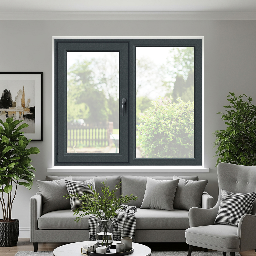 Fereastra termopan APLAST, PVC, 5 camere, 146 x 116 cm, deschidere fixa + batanta stanga, gri antracit
