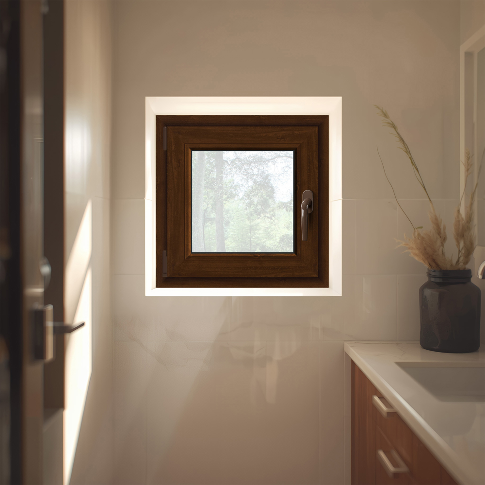 Fereastra termopan APLAST, PVC, 5 camere, 56 x 56 cm, deschidere oscilobatanta stanga, maro