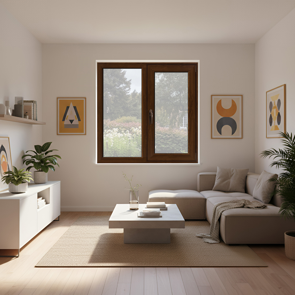 Fereastra termopan APLAST, PVC, 5 camere, 116 x 116 cm, deschidere fixa + batanta dreapta, maro