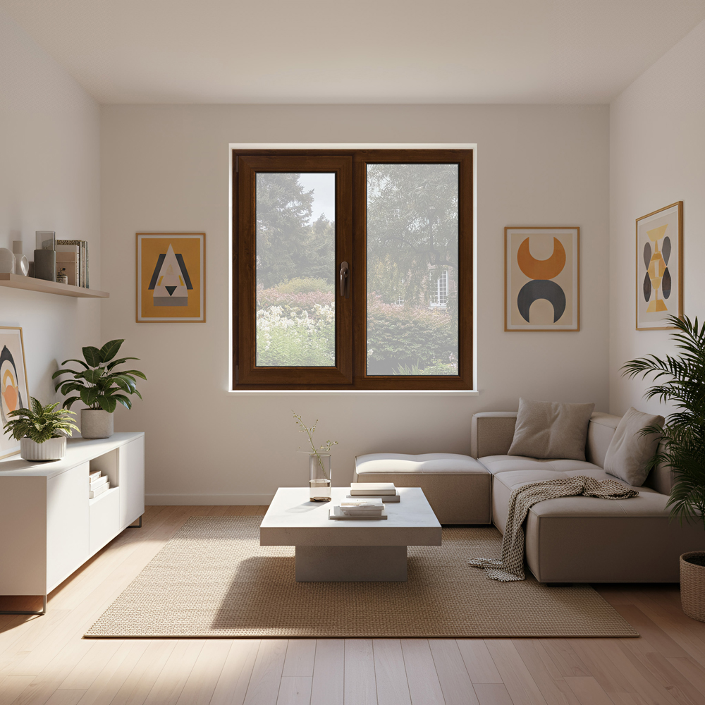 Fereastra termopan APLAST, PVC, 5 camere, 116 x 116 cm, deschidere fixa + batanta stanga, maro