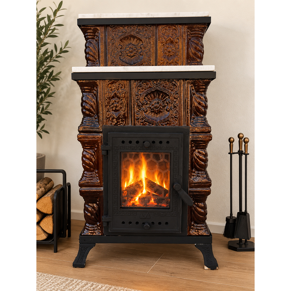 Semineu teracota, 4 randuri, 7kW, capac de marmura, 45.5 x 56.5 x 115 cm, maro