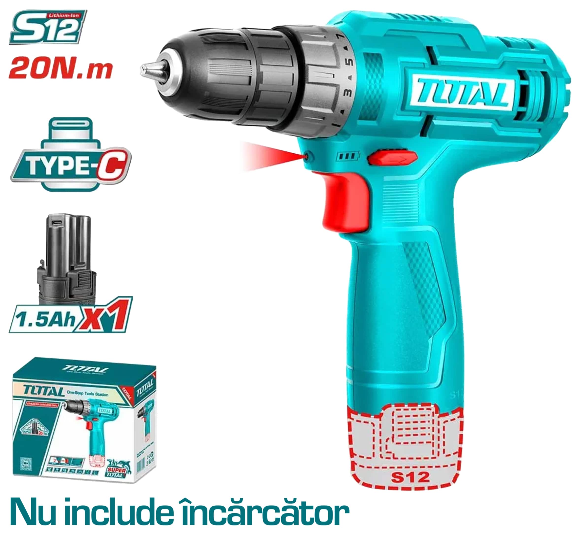 Masina de gaurit si insurubat , acumulator 1X1.5 Ah, 12V , Total