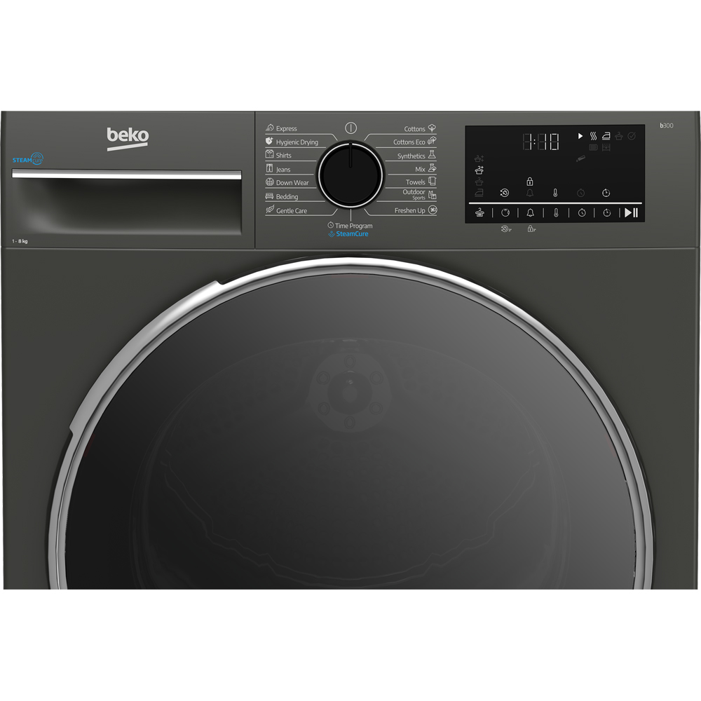Uscator de rufe BEKO B3T68239MG EU, Steam Cure, Pompa de caldura, 8 kg, 15 programe, Clasa D, gri inchis