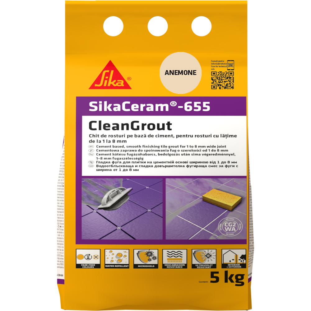 Chit de rosturi gresie si faianta Sika Ceram Clean Grout 655, anemone, interior/exterior, 5 kg