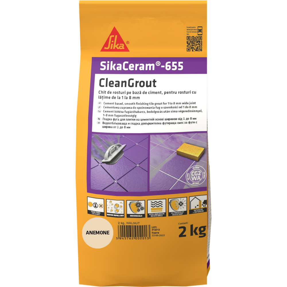 Chit de rosturi gresie si faianta Sika Ceram Clean Grout 655, anemone, interior/exterior, 2 kg