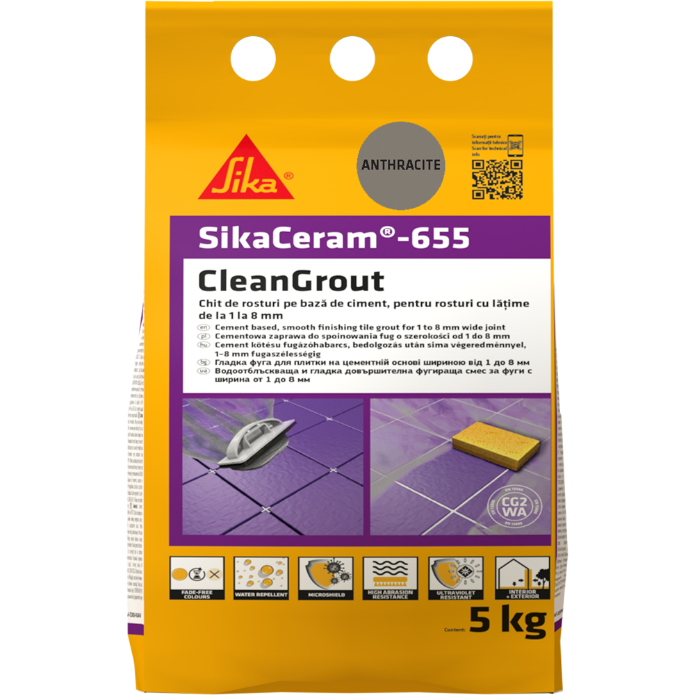 Chit de rosturi gresie si faianta Sika Ceram Clean Grout 655, anthracite, interior/exterior, 5 kg