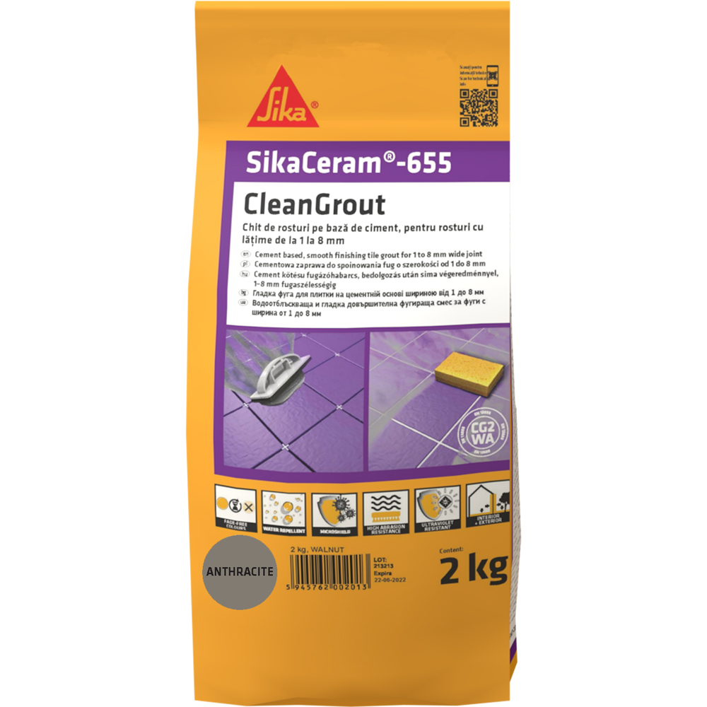 Chit de rosturi gresie si faianta Sika Ceram Clean Grout 655, anthracite, interior/exterior, 2 kg