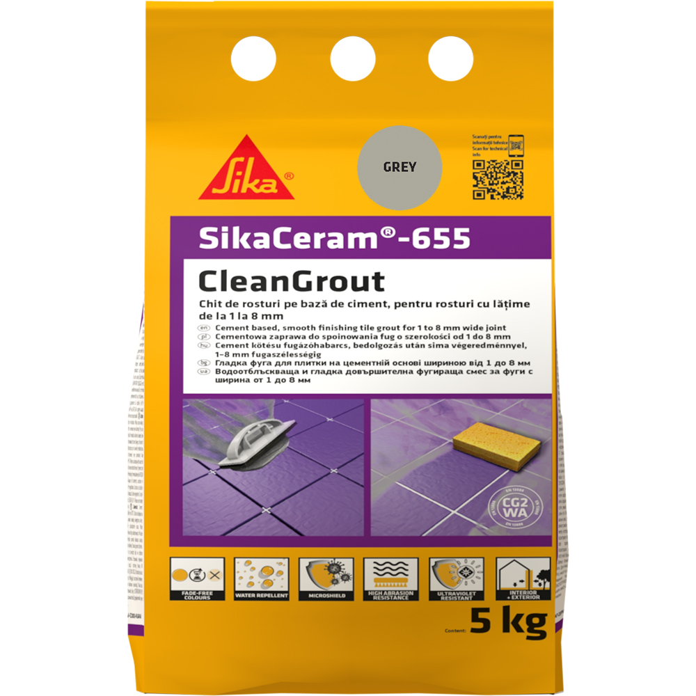 Chit de rosturi gresie si faianta Sika Ceram Clean Grout 655, grey, interior/exterior, 5 kg