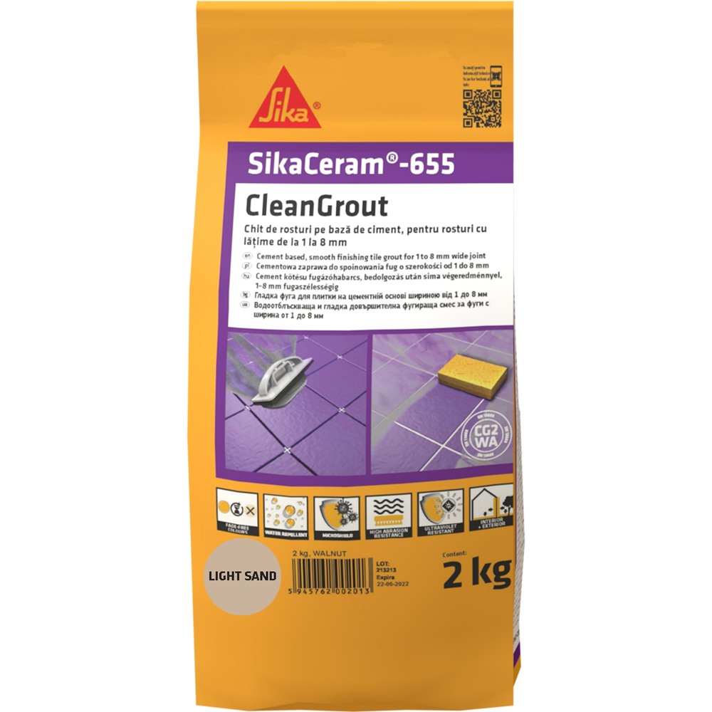 Chit de rosturi gresie si faianta Sika Ceram Clean Grout 655, light sand, interior/exterior, 2 kg