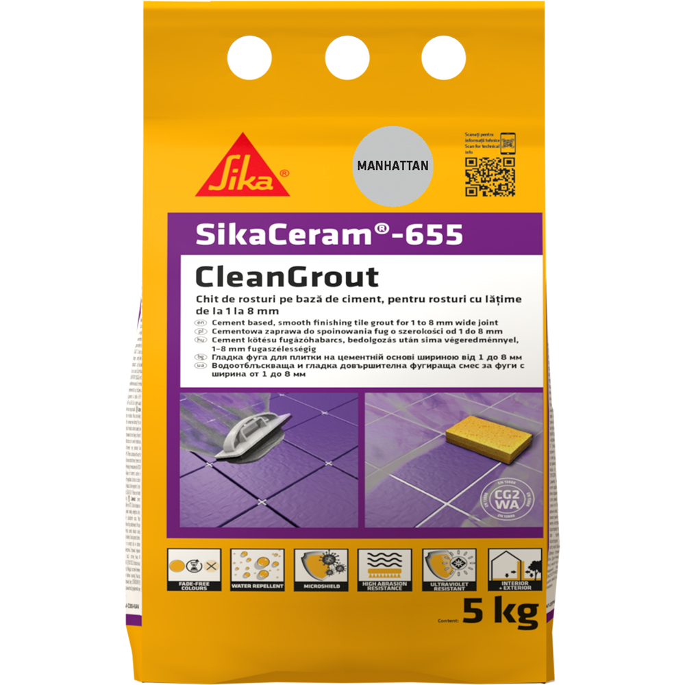 Chit de rosturi gresie si faianta Sika Ceram Clean Grout 655, manhattan, interior/exterior, 5 kg