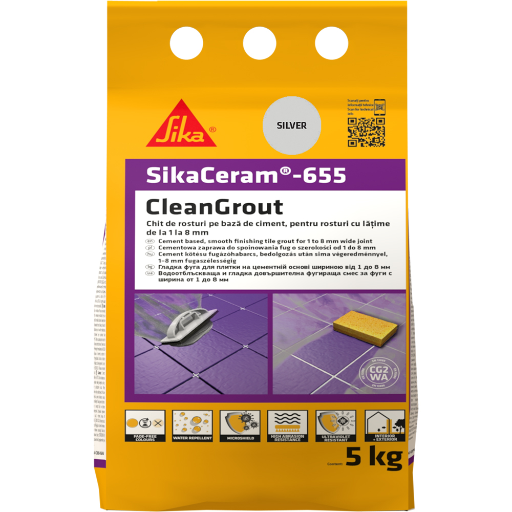 Chit de rosturi gresie si faianta Sika Ceram Clean Grout 655, silver, interior/exterior, 5 kg