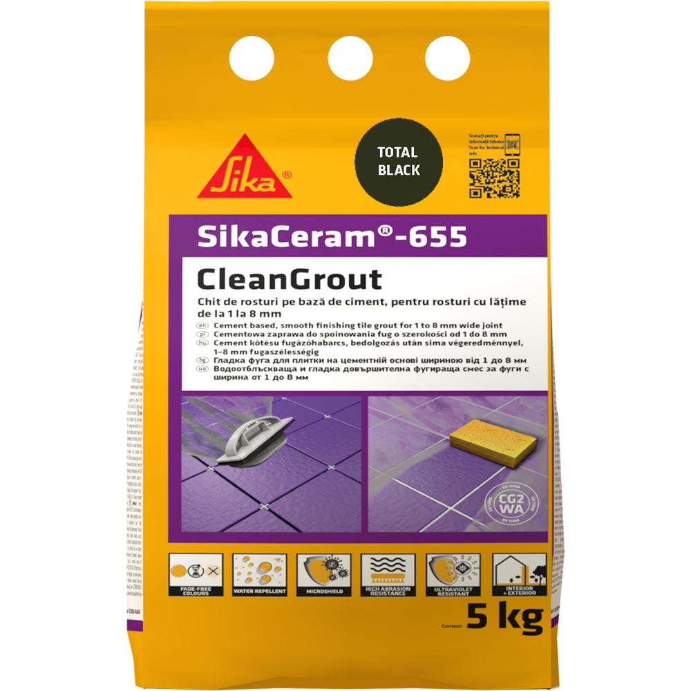 Chit de rosturi gresie si faianta Sika Ceram Clean Grout 655, total black, interior/exterior, 5 kg