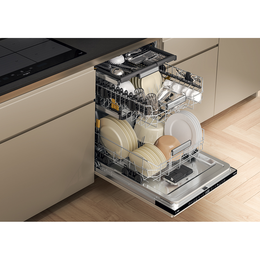 Masina de spalat vase incorporabila WHIRLPOOL W7I HT40 T, MaxiSpace, 6th Sense, 15 seturi, 8 programe, 60 cm, Clasa C, panou comanda negru