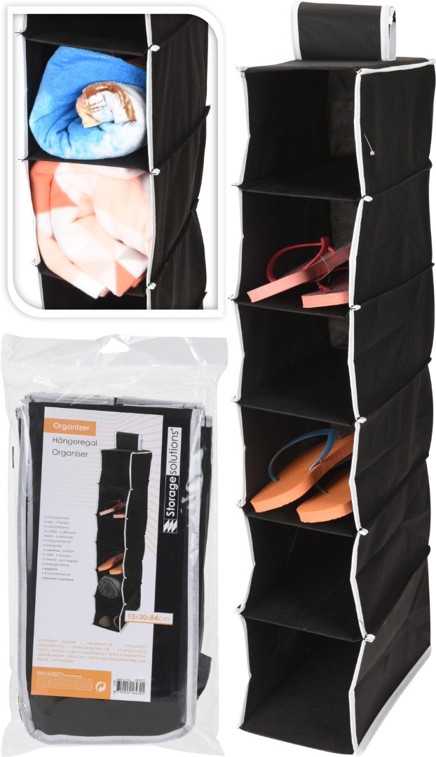 Organizator depozitare agatat, 6 compartimente, textil, 15x30x84 cm, negru