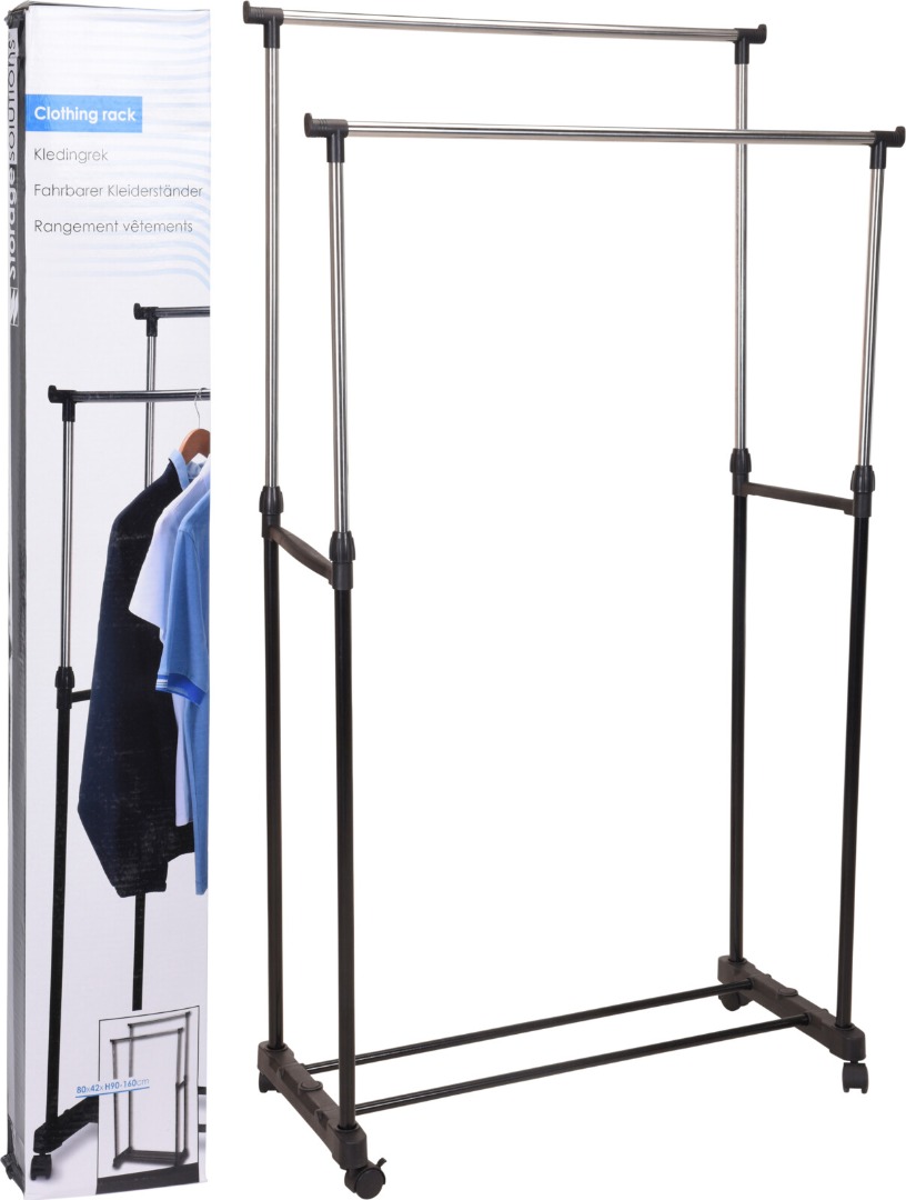 Cuier tip stander dublu pe roti, otel, 80 x 42 x 90-160 cm, crom
