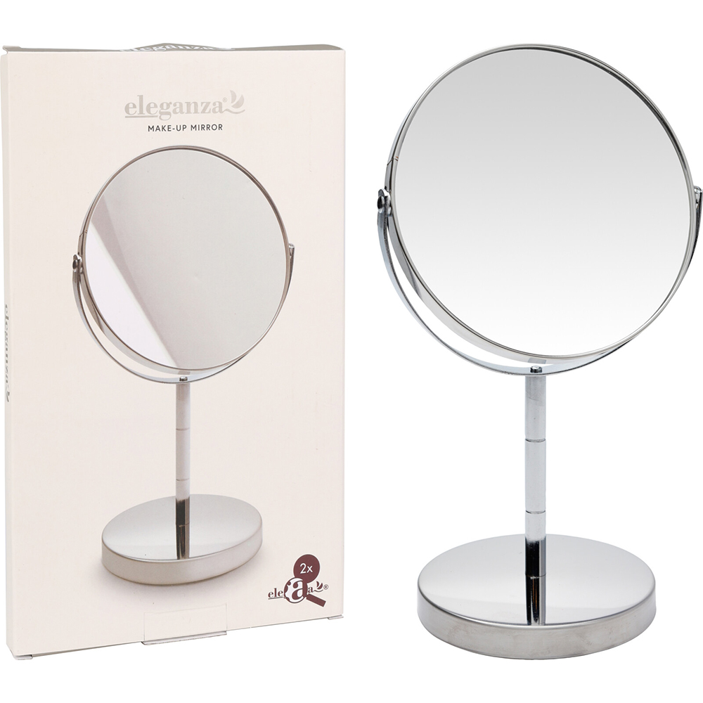 Oglinda cosmetica Eleganza, diametru 14 cm, suport metalic, 2 fete
