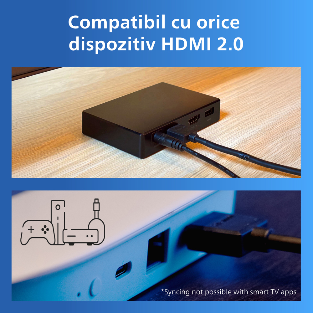 HDMI Sync Box cu banda LED RGBIC pentru TV 40-50" PHILIPS 8721103159267, Wi-Fi, WiZ, 4K 60Hz, 3.4 m