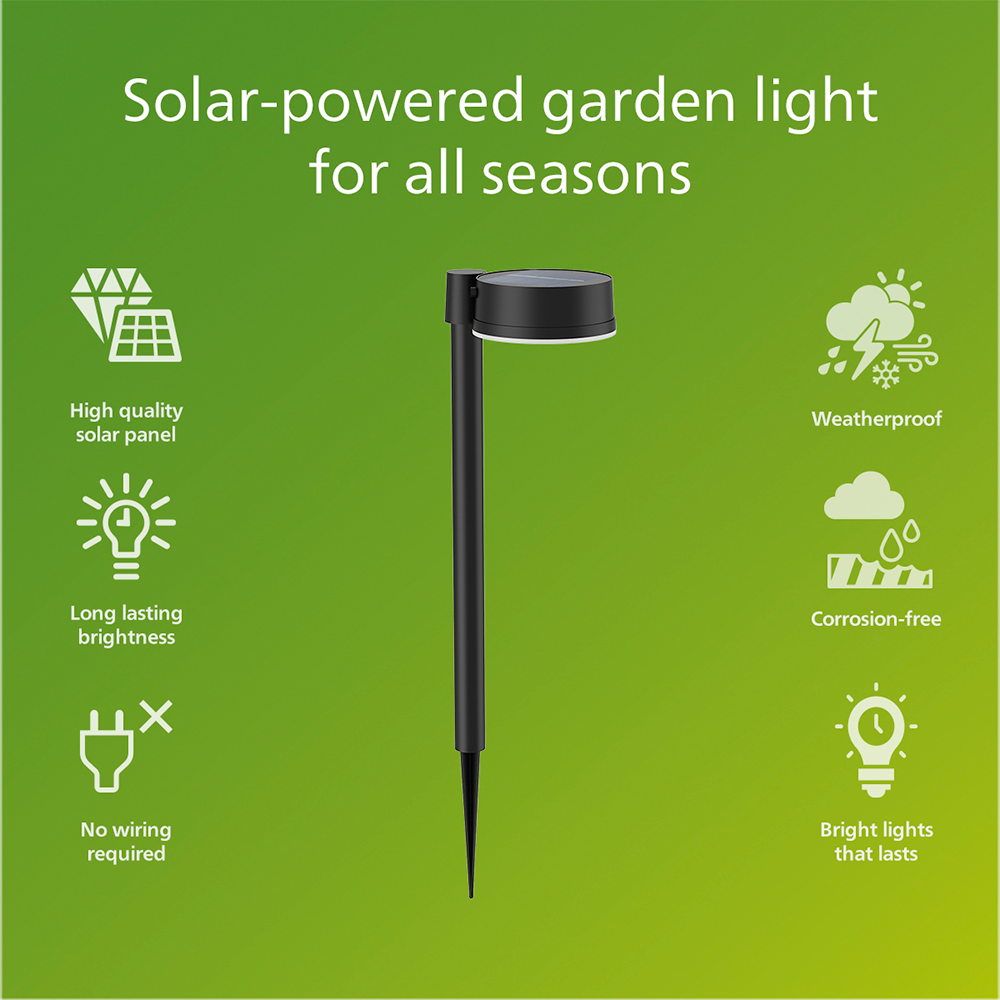 Lampa solara rotunda Philips Vynce, 1.5W, 200lm, IP44, plastic, negru
