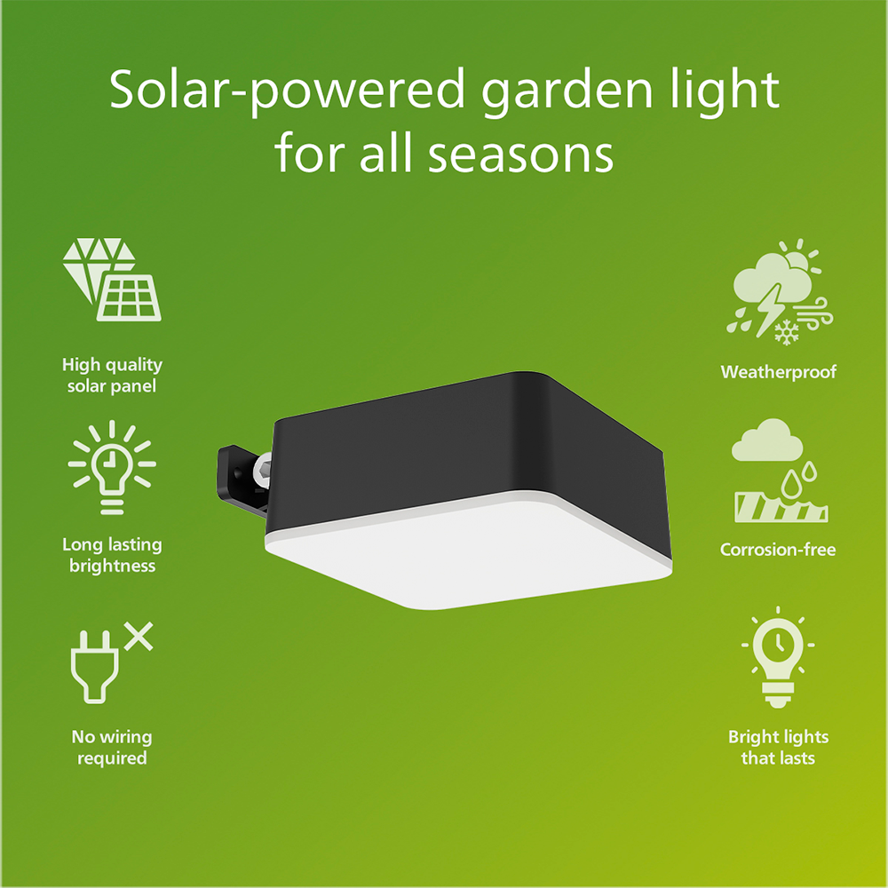 Lampa solara patrata Philips Vynce, 1.5W, 200lm, IP44, plastic, negru